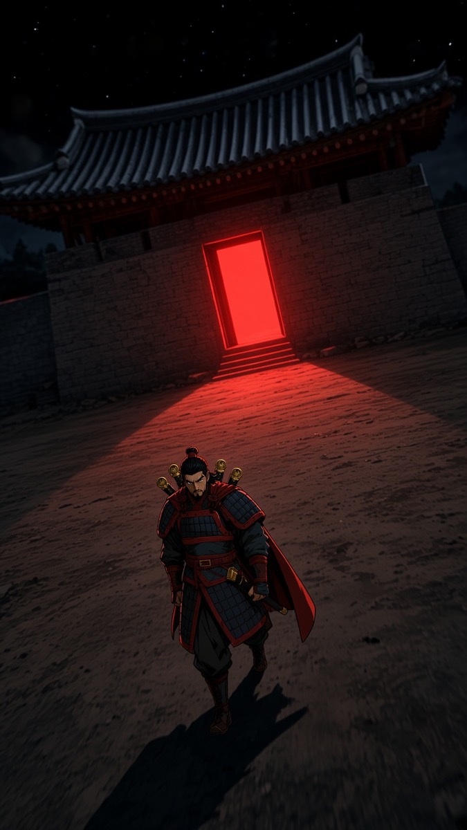 Dutch low strip: October cold under Pyongyang eaves — red doorway glow, Gesomun tiny mid-approach
