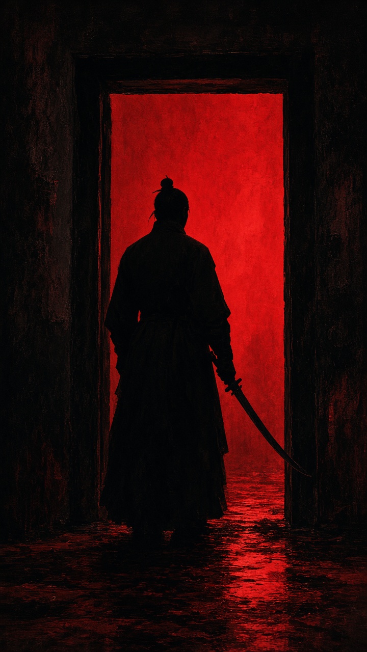 Silhouetted figure in doorway flooded with ominous red light - the Daeya Fortress massacre