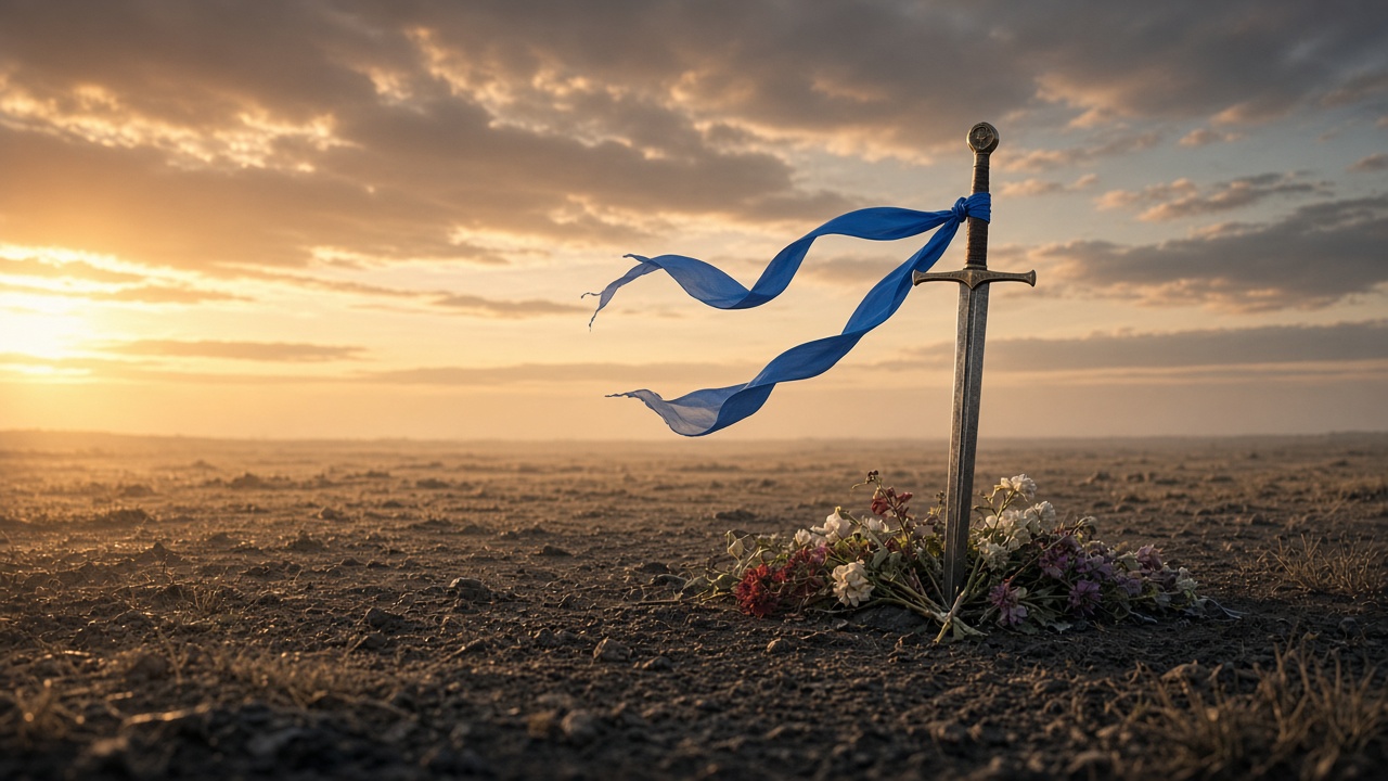 Single sword planted in ground with blue silk ribbon, memorial flowers at base, empty battlefield