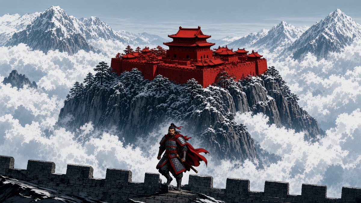 Dutch crane: tiny Gesomun below the snowy Yeon mountain fortress — red walls above cloud sea