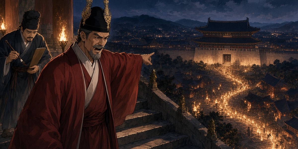 Night: from the palace gate steps, King Mu points down as lines of torches pour out into the city