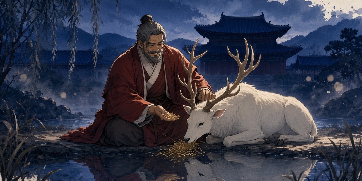 Poster key art: old King Mu feeds the white-gold guardian stag from his hand beside the palace pond at dusk