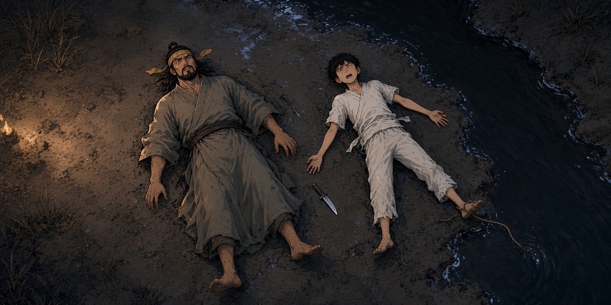 Straight down: the prince in a sodden grey robe and the boy in white lie side by side on the moonlit mud, gasping