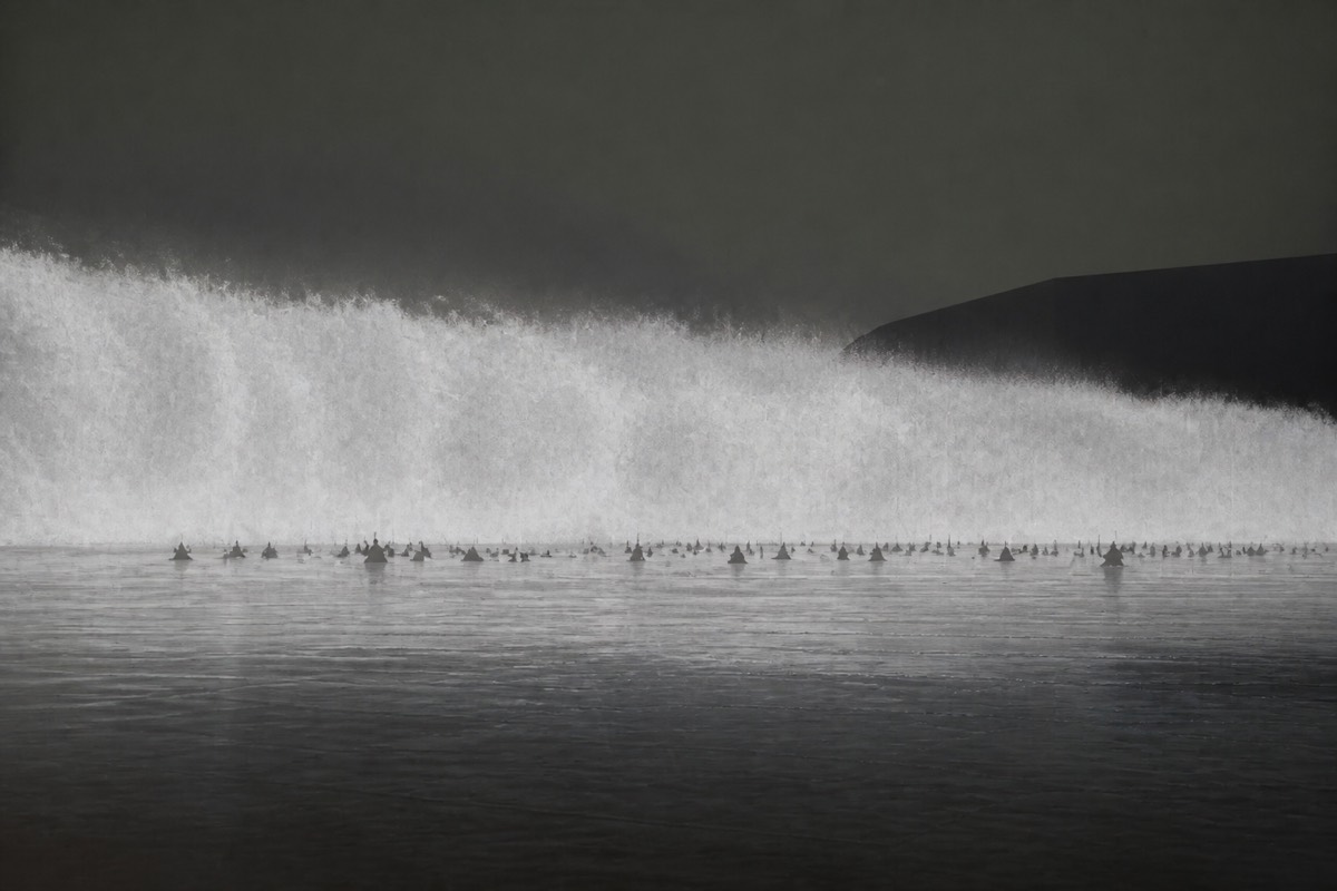 Salsu as a silver-white wall of water crashing over a tiny Sui host mid-crossing