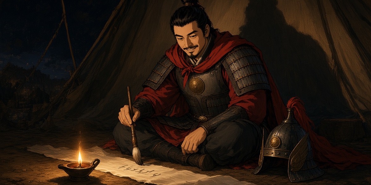 Ulchi Munduk writes his four-line poem to the Sui general by one lamp in his camp