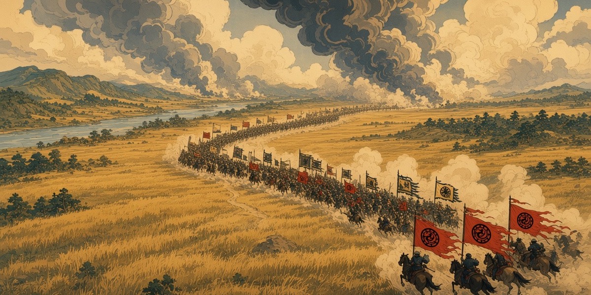 Goguryeo riders wheel away across the plain, drawing the long Sui column south toward the river
