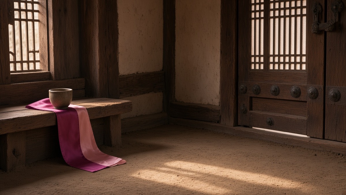 Quiet Silla chamber: closed timber door, pink-magenta silk cup left on the sill — closed months begin