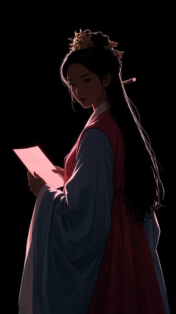 Munhee three-quarter from behind in a black void, a folded pink letter the only lit plane