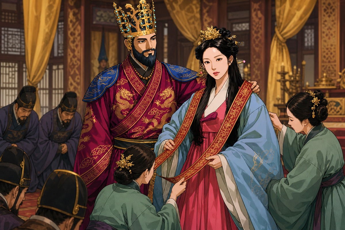 Munhee, once married in disgrace, stands crowned as queen consort beside King Muyeol's throne