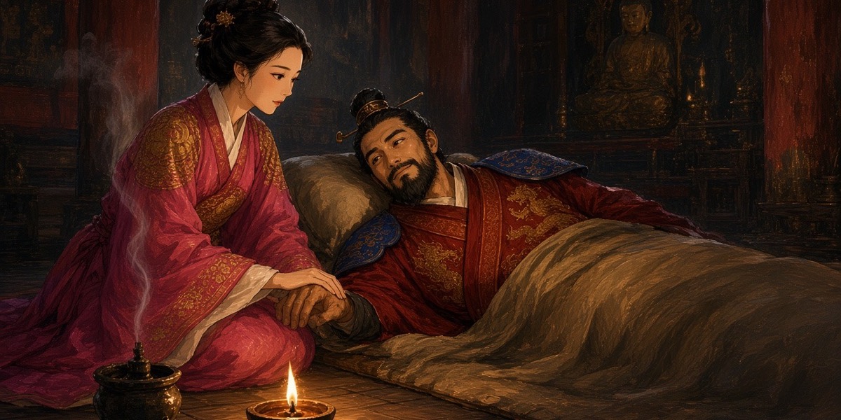 In a temple side hall, Munhee sits upright beside the dying Chunchu, her hand over his.