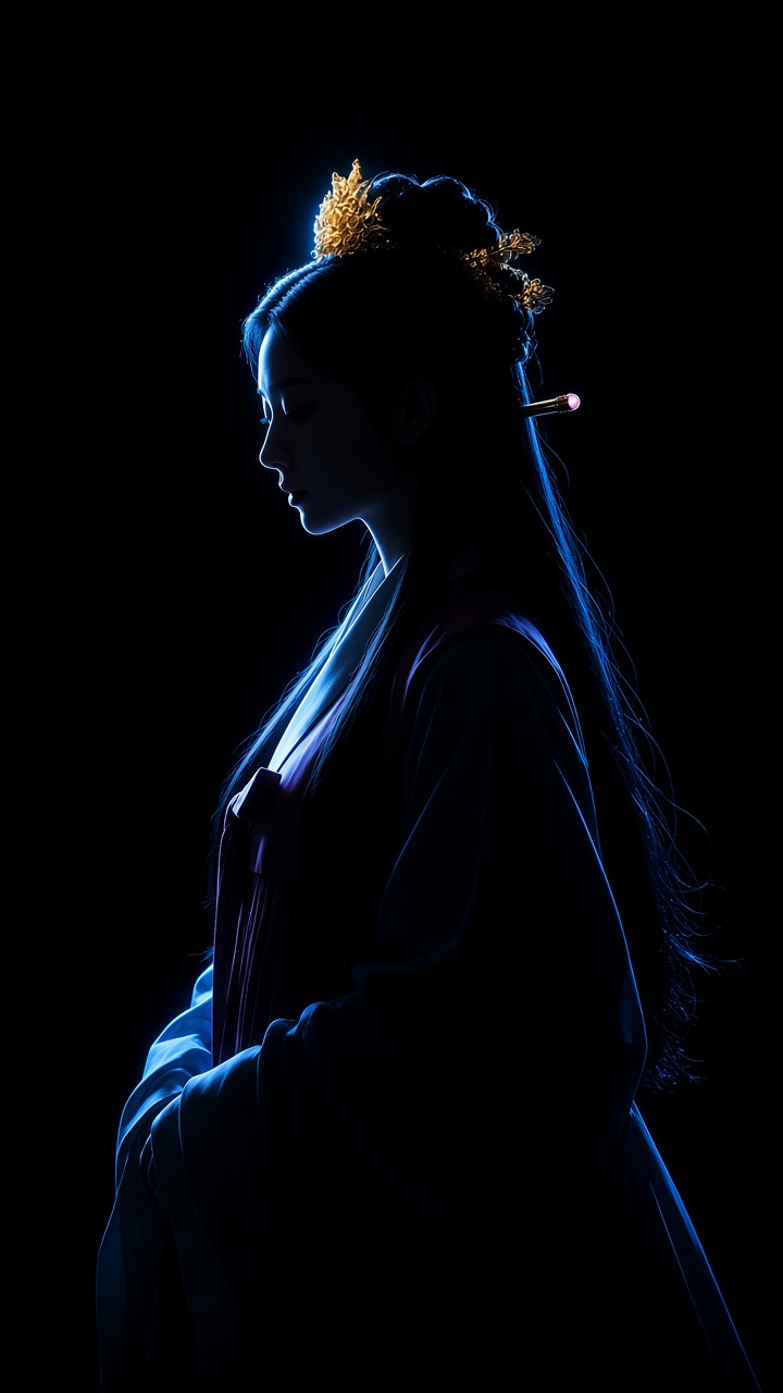 Princess Munhee in profile silhouette with dramatic blue rim light on her golden hair ornament