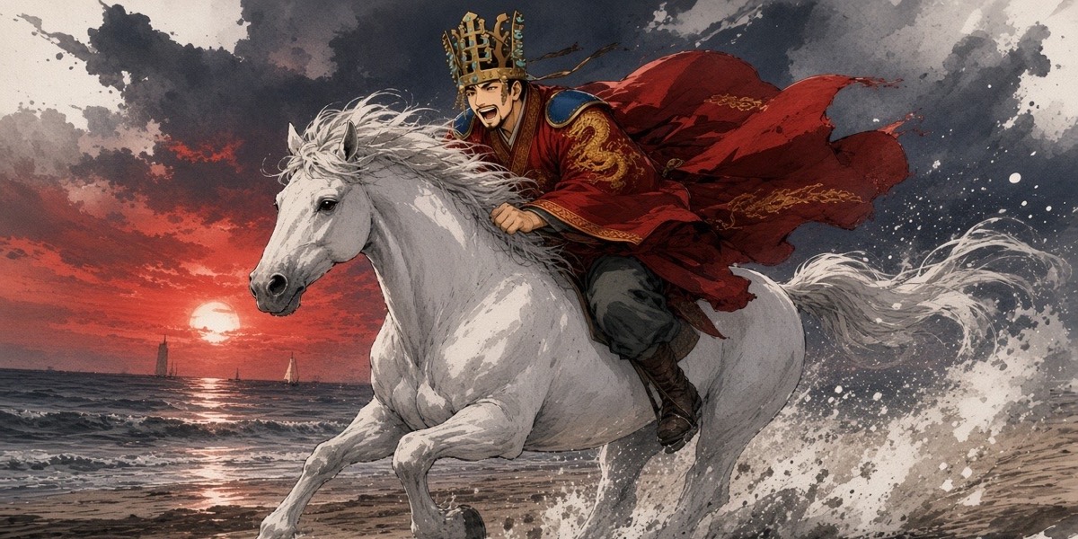 Poster key art: King Munmu gallops the white heavenly horse through the surf at dawn as the last Tang sails leave the river mouth