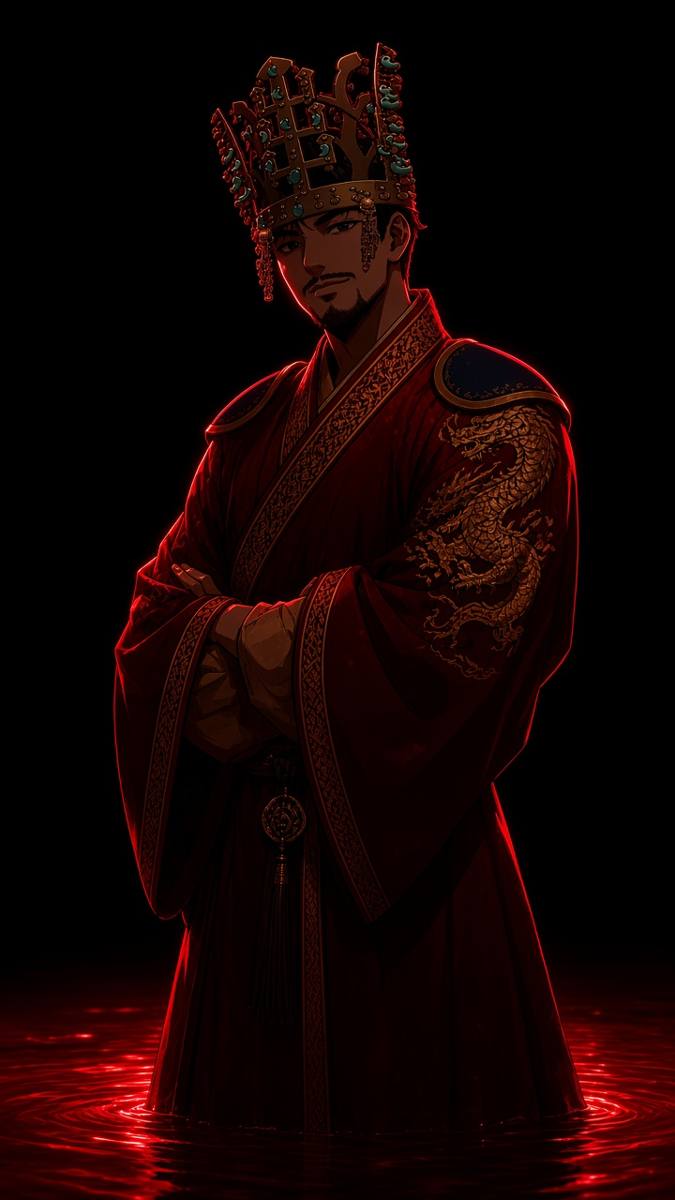 King Munmu standing in a black void on a low crimson tide-bar, almost lost in shadow