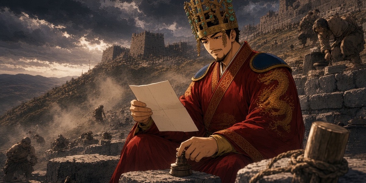 Munmu seals his abject apology to the emperor with a crooked smile while masons raise a wall behind him.