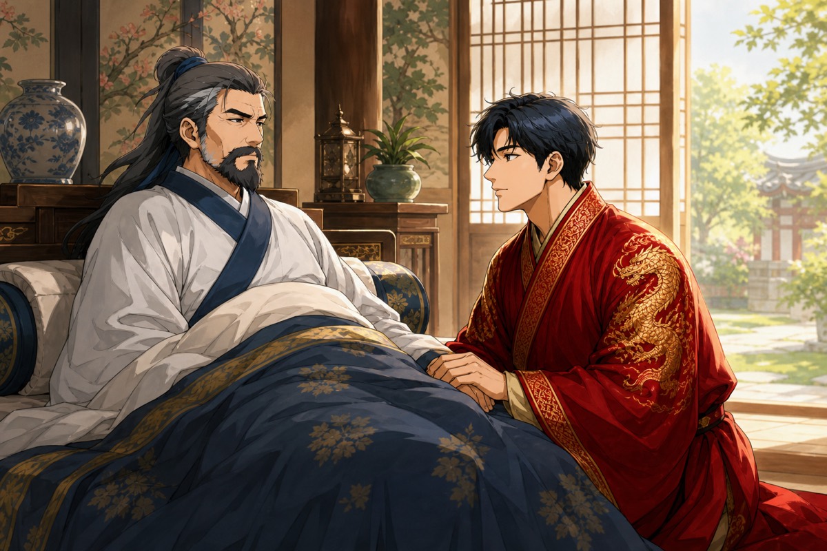 King Munmu kneels at the bedside of the dying seventy-nine-year-old Yushin