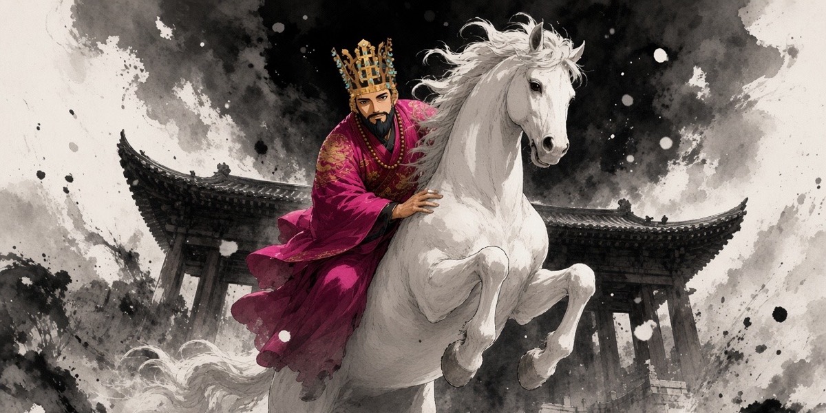Poster key art: King Muyeol rides the white heavenly horse through the smoke of fallen Sabi, reining it in at the broken gate