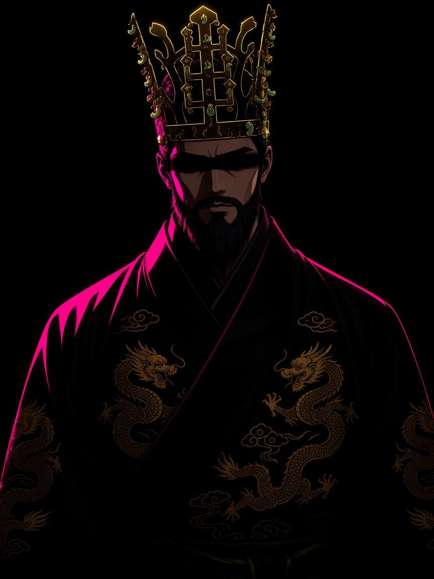King Muyeol straight-on, eyes covered by a band of shadow, magenta robe-edge the only accent