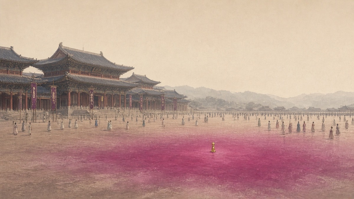 Wide Seorabeol coronation court: one magenta plane, tiny crown-speck