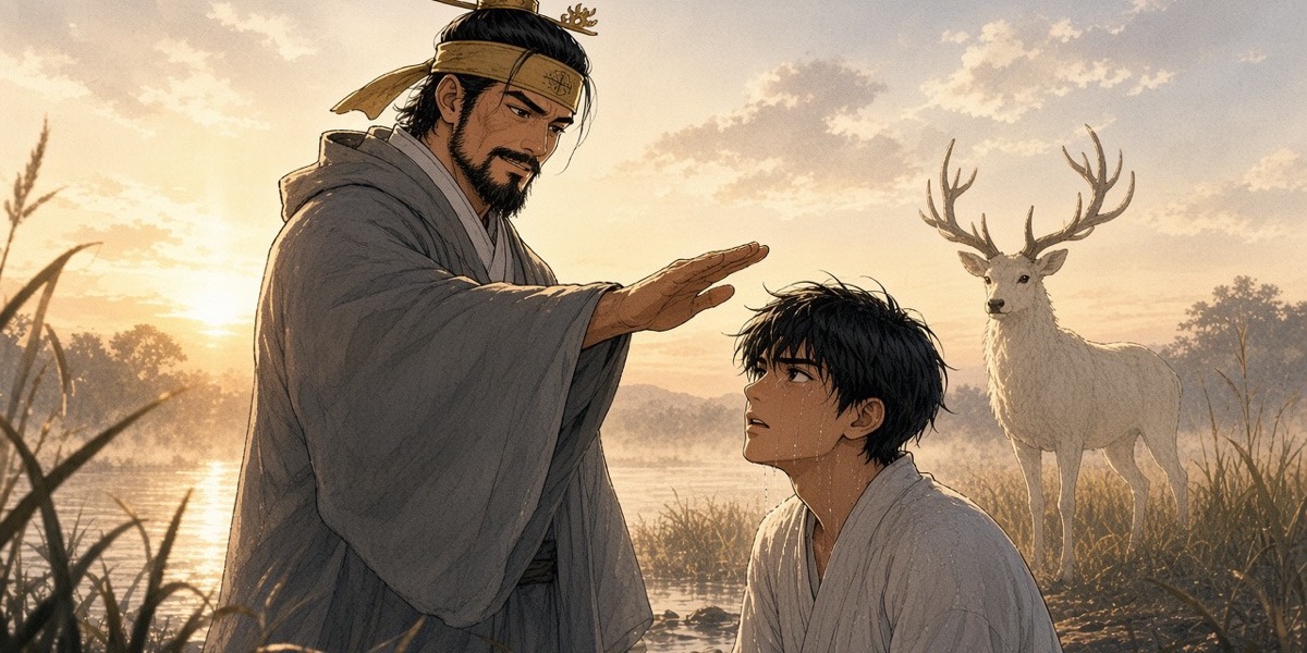 Dawn on the bank: Euija in a grey robe and the stolen crown stands over the kneeling boy, the pale stag in the reeds behind him