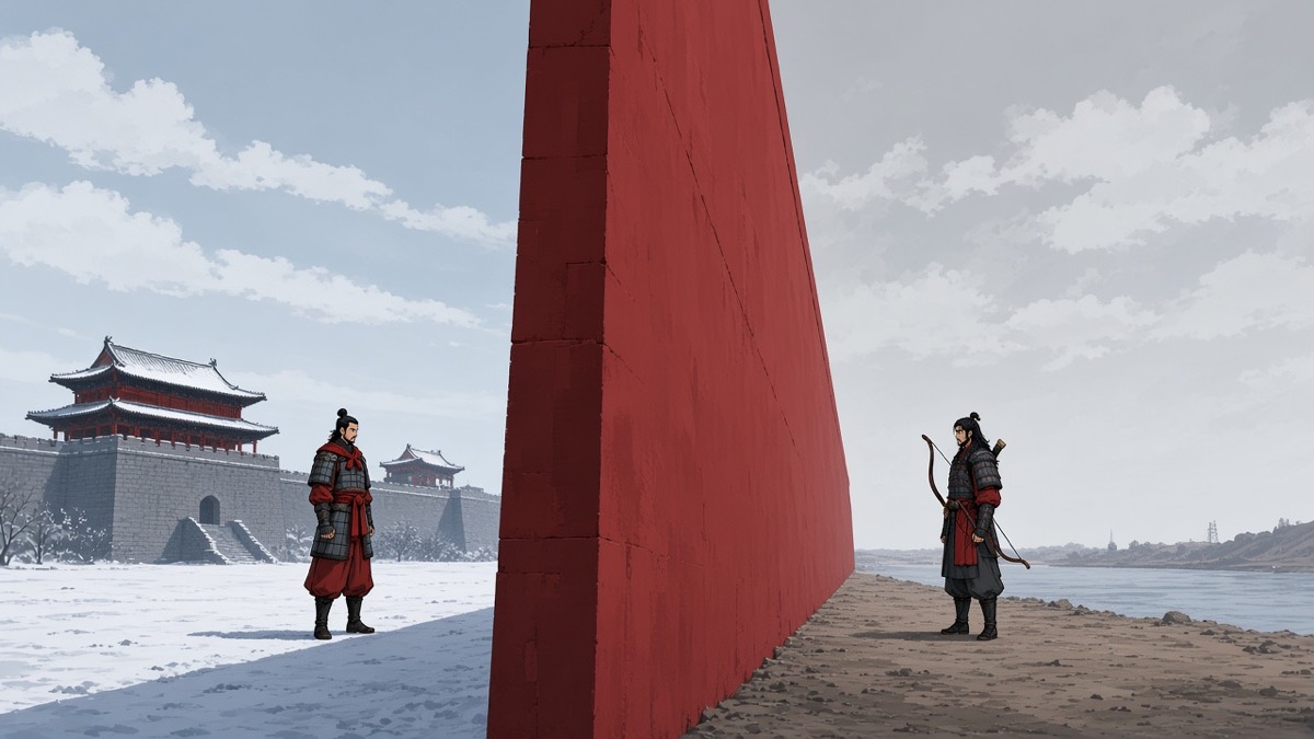 A red wall-wedge splits the frame: Namgun inside, Namseng outside on Pyongyang’s last ground