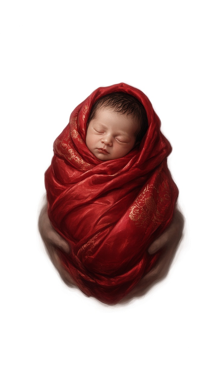 A newborn wrapped in Goguryeo red silk against pure white - the heir is born