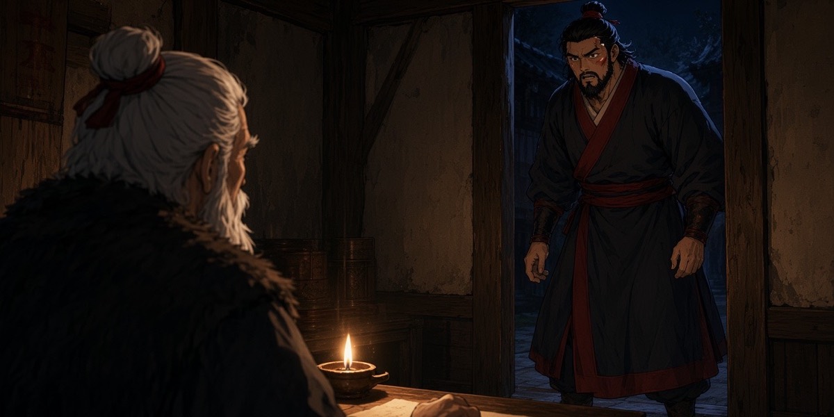 Young Gesomun stands in the doorway with nowhere to put his hands, watching his father bent over the report.