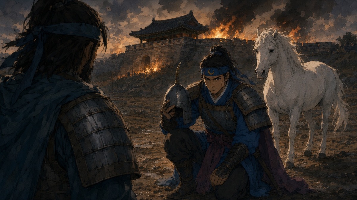 Over his father's armored shoulder, young Yushin kneels with his helmet in hand, the white horse steaming behind him and Nangbi Fortress in smoke