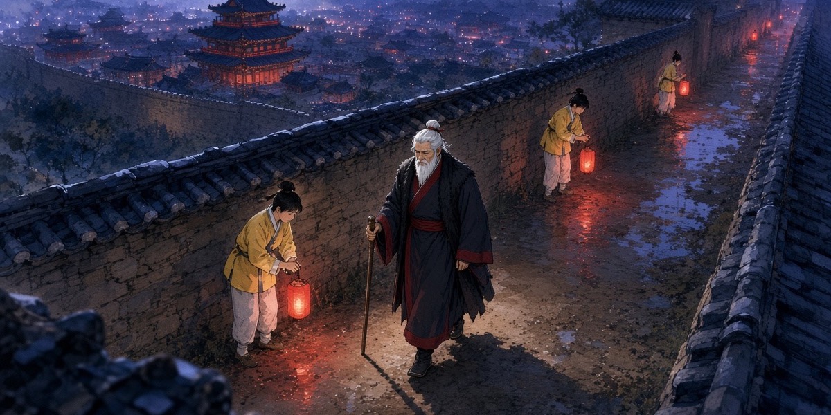 High Commander Yeon Taejo walks home below the Pyongyang palace hill at dusk while servants with lanterns step aside without a word.
