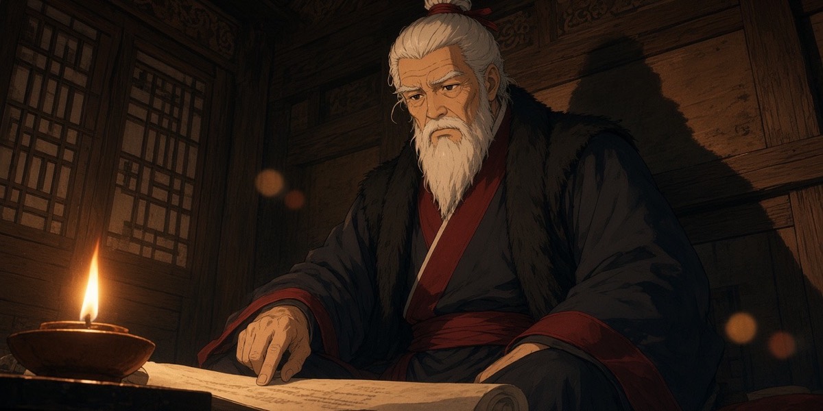 Taejo, still in his boots, reads the Nangbi report by a floor lamp with one finger under the lines.