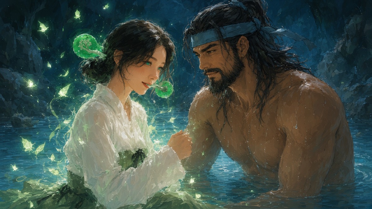 Narim out of breath beside bare bathing Seohyun — jade-branch binyeo, floating leaves