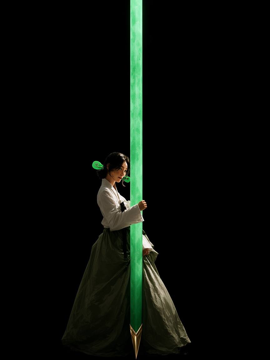 Narim in a black void beside a vertical jade pin, mint-green the only light