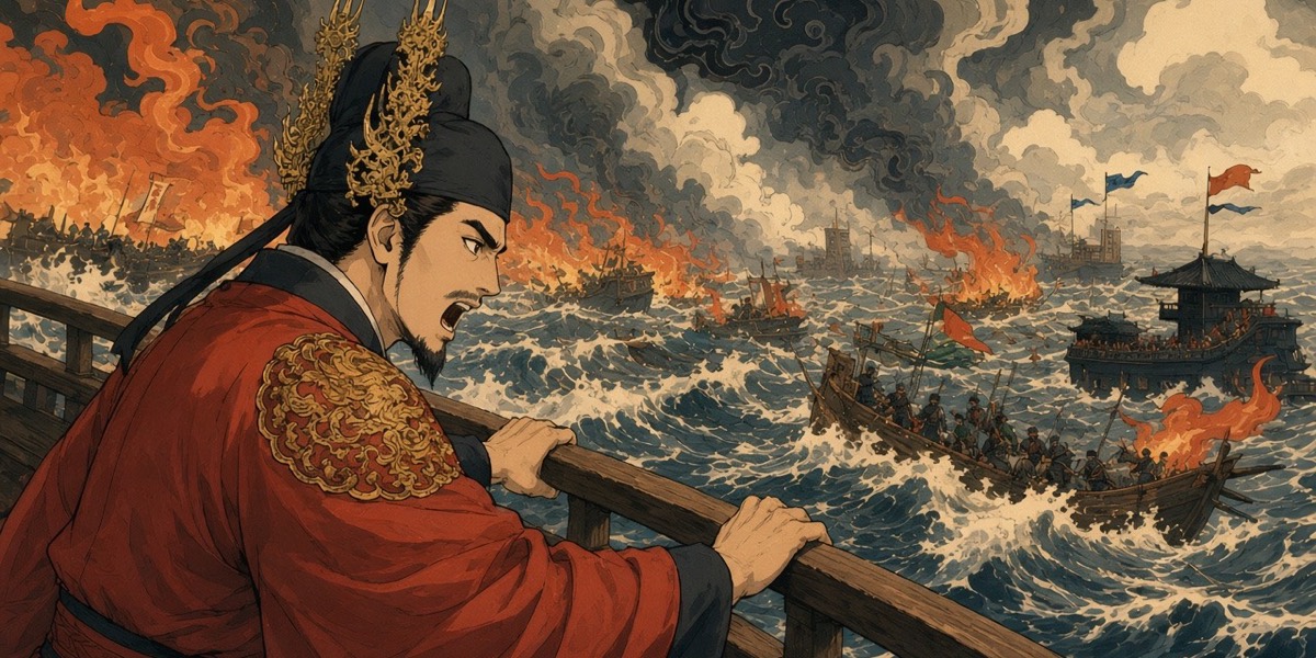 King Pungjang at the stern of his ship shouts across the burning water at the Silla banners