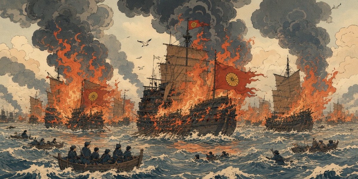 Four hundred eastern ships burn together and fill the sky with smoke