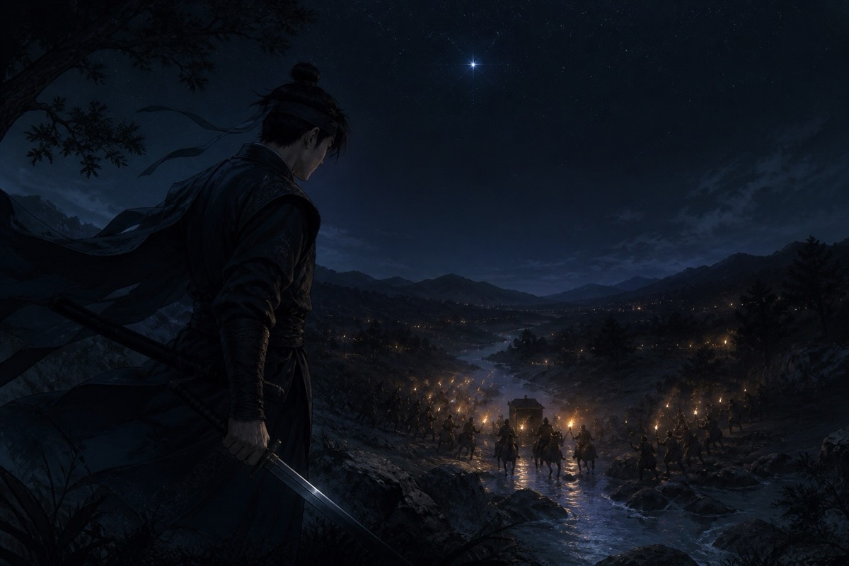 Kim Muryuk on a night ridge above the ford at Gucheon, sword drawn beneath a single bright star as torchlit riders close in below