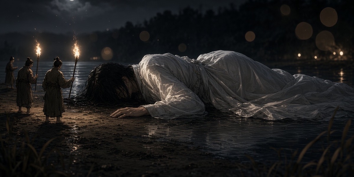By torchlight, villagers stand small beside the body of a giant woman in a soaked white hanbok lying along the White River's edge.
