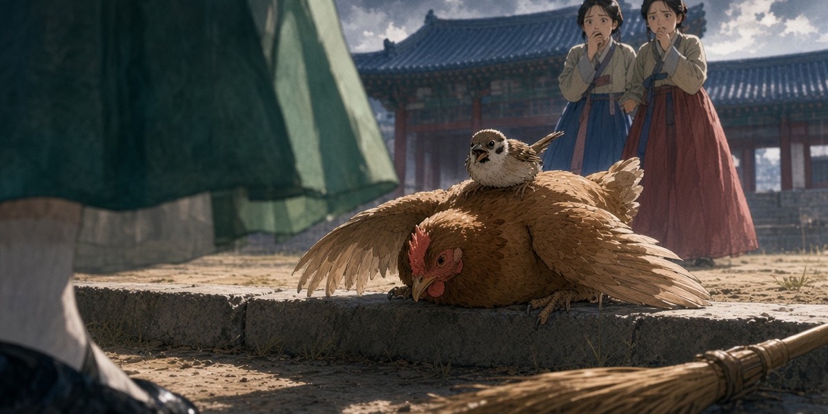 On a palace step in Sabi a hen crouches while a tiny sparrow mounts her back; two court maids recoil in the dark behind.