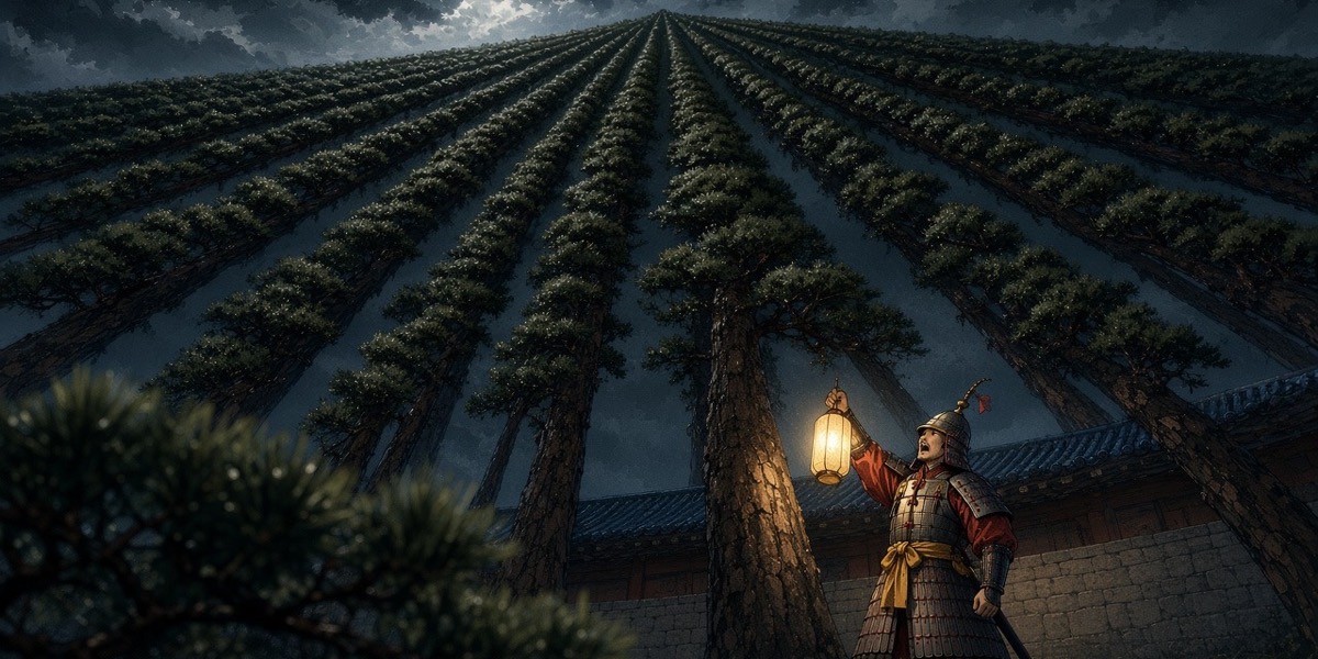 Under a pale moon break, the pine crowns outside the Sabi palace wall crawl with thousands of toads while a lone guard looks up with his lantern.
