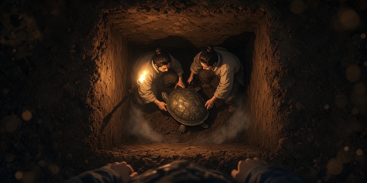 In a torchlit pit in the Sabi palace yard, diggers lift out a living turtle with faint carved marks on its shell where a ghost sank into the earth.
