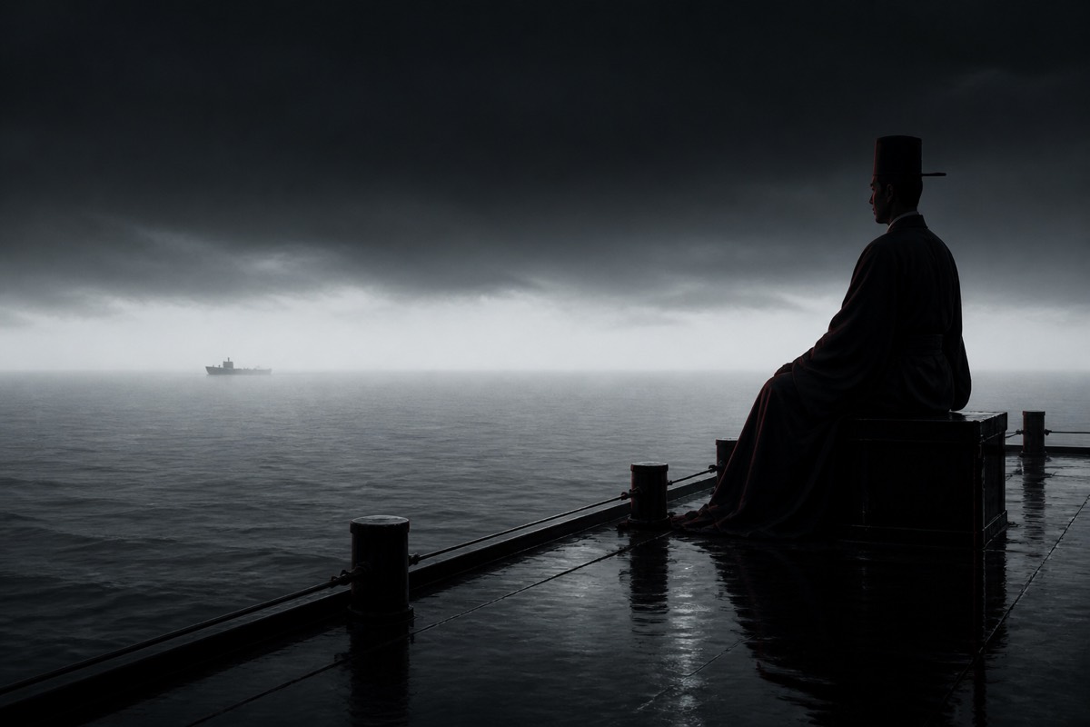 On Gunhae sits exposed in a high cap on a tiny embassy deck in a vast black sea of mist-white fog