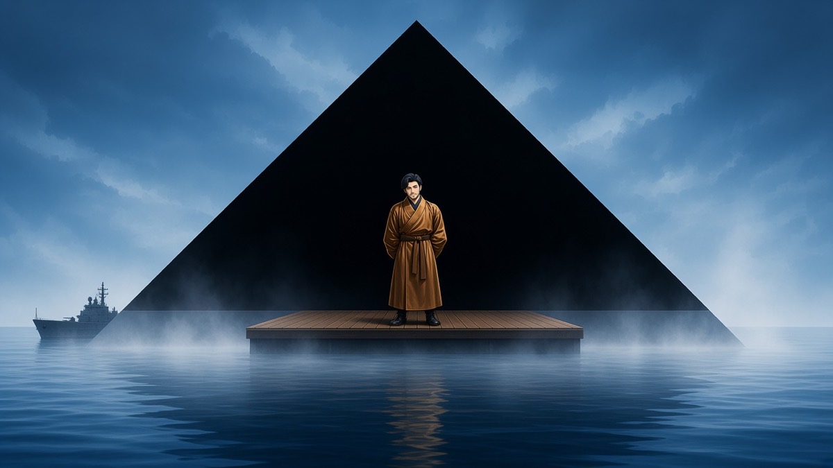Tiny On Gunhae under a hard black cap-triangle on a vast Yellow Sea — bronze accent, patrol closing