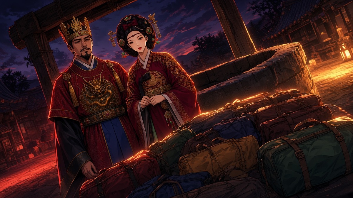 Dutch dusk: older Jumong and Sosuno at the Jolbon well, packed bags