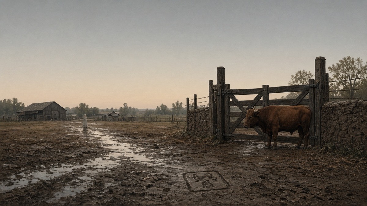 Wide empty farm yard: one iron-chest stamp, ox as a brown bar at the gate