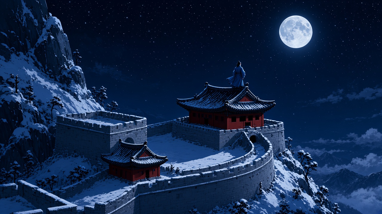 Figure in blue Silla robes on palace rooftop at night looking at full moon, blue moonlight