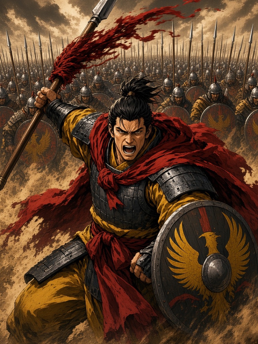 The 300 poster, painted: Gyebek mid-roar behind a round shield, spear up, red cloak whipping, the five thousand behind him in a sepia storm