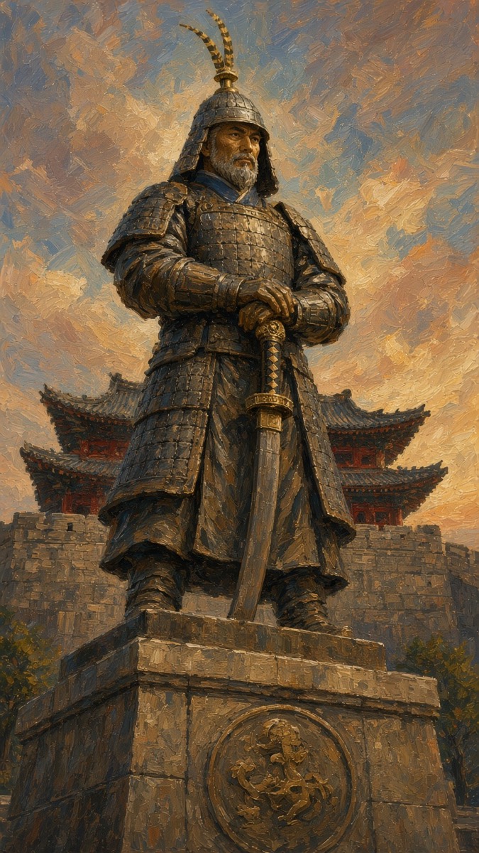 The Gwanghwamun Admiral Yi statue, painted: old Yushin as the towering bronze general, ring-pommel sword planted, Pyongyang’s walls behind