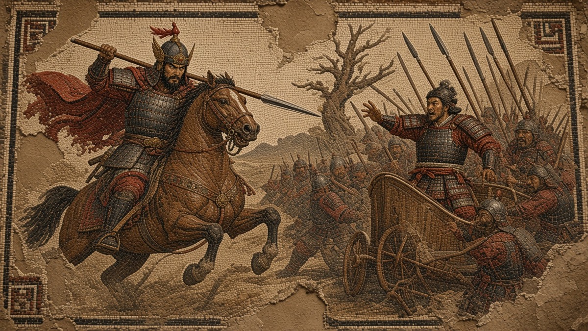 The Alexander Mosaic in tesserae: Gwanggaeto bareheaded on horseback charging through a forest of spears, the Wa commander twisting in flight