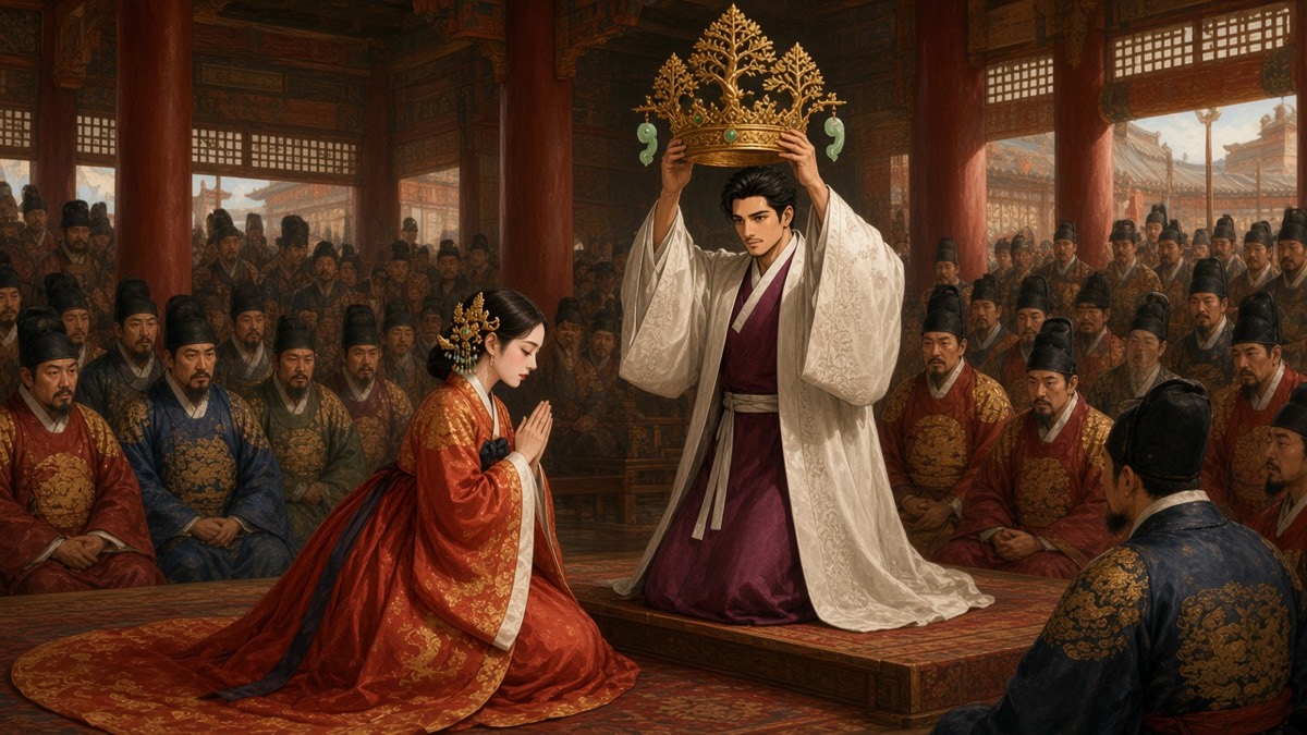 The Coronation of Napoleon as a vast Neoclassical canvas: young Bidam raising the Silla gold crown over Dukman kneeling before him, True Bone elders watching