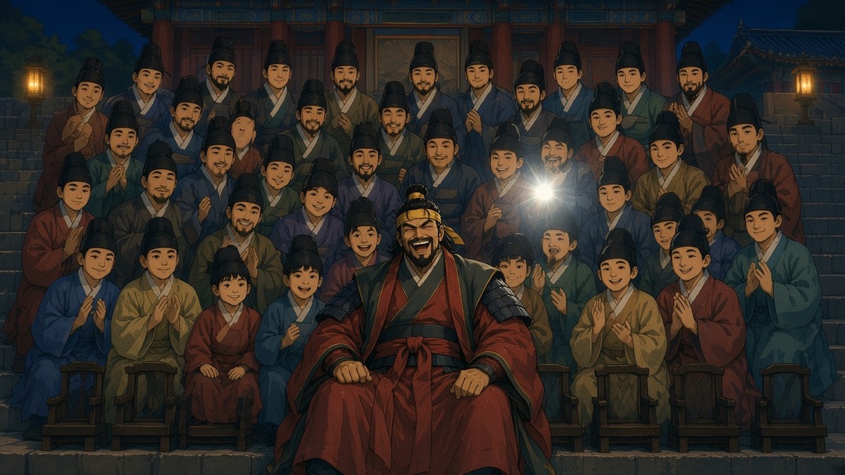 12.12: The Day, painted: Euija grinning at the centre of his victory portrait, the forty-one sons he just seated packed in rows around him on the palace steps