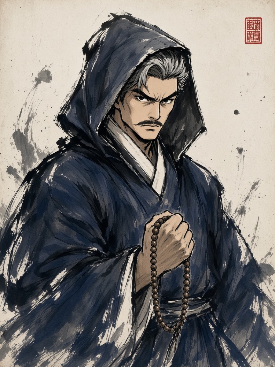 Kim Myeong-guk’s Bodhidharma: Bidam in a few furious ink strokes, hooded, glaring, beads in his fist