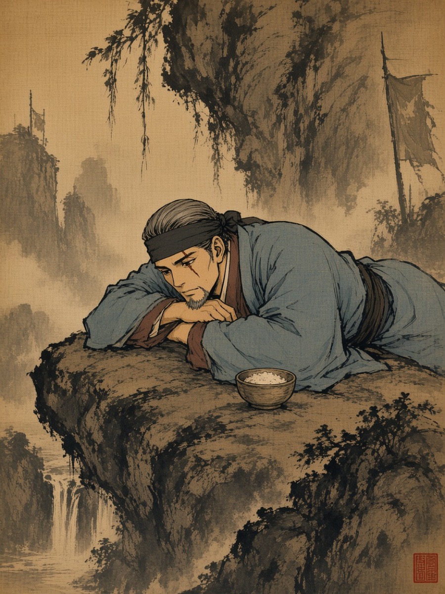 Kang Hui-an’s Scholar Gazing at Water: Alchun lying on a rock, chin on folded arms, watching the stream between the two camps